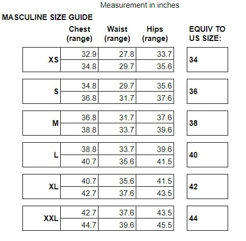 Dorsu brand masculine (men's) size chart